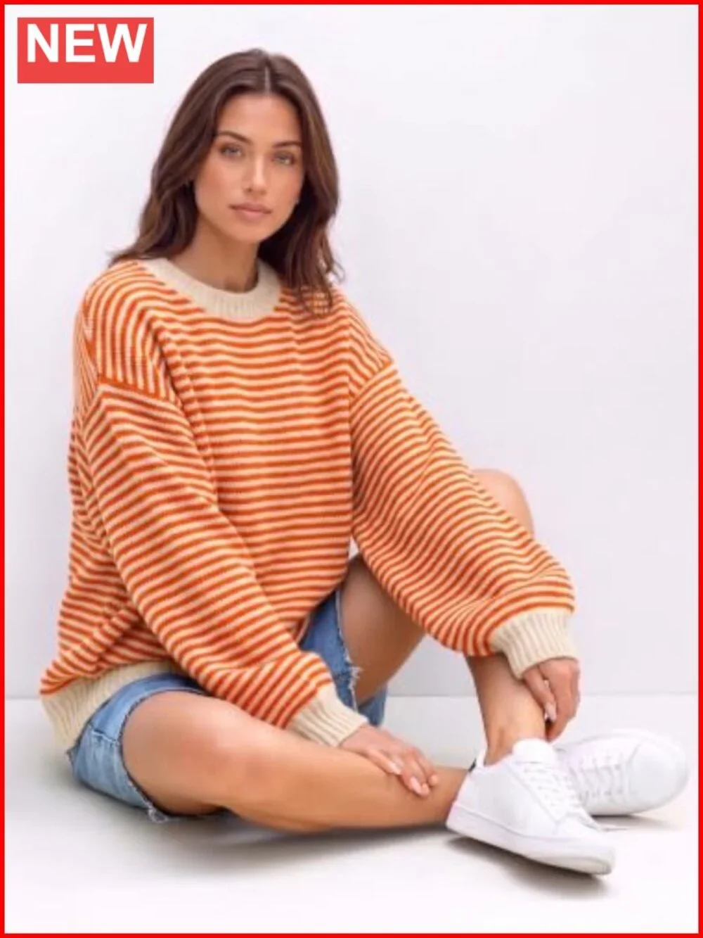 Oversized Striped Crewneck Sweater Soft Knit Pullover Women's